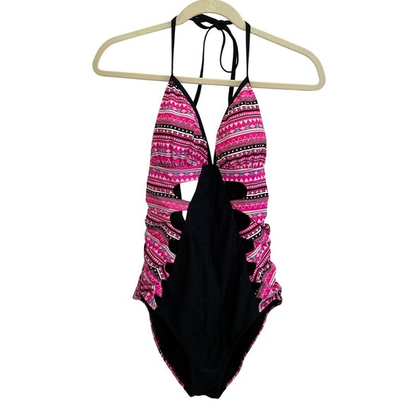 Bongo Pink & Black Aztec Print One-Piece Swimsuit With Side Cutouts & Halter Tie - Picture 1 of 10